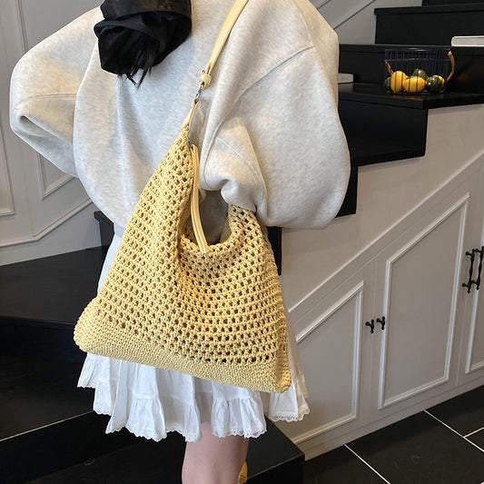 Large Capacity Cotton Thread Woven Underarm Bag Hollow Out Seaside Vacation Beach Travel Shoulder Bag