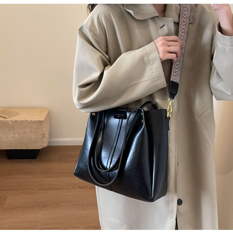 High-Quality Texture Solid Color Crossbody Bag Wide Strap Handbag Trendy Tote Bag