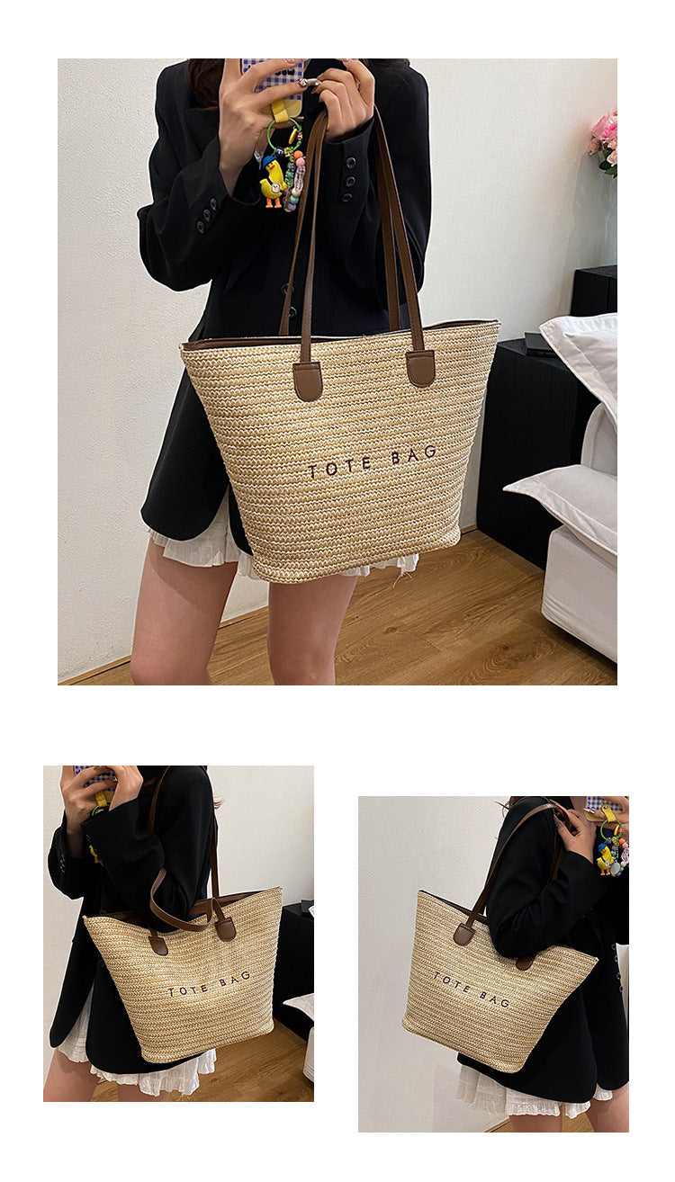 New Trendy Straw Tote Bag Fashion Letter Woven Shoulder Bag Beach Vacation Beach Bag