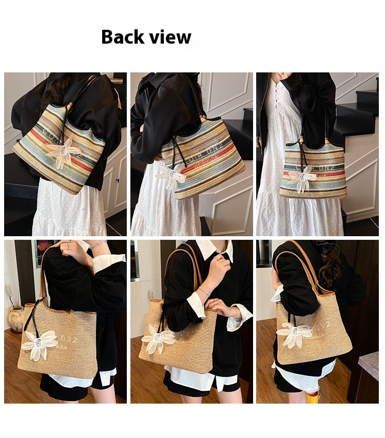 Spliced Large Capacity Straw Tote Bag. Beach Vacation Beach Woven Commuter Shoulder Bag