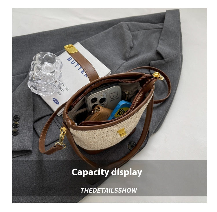 Fashion Handheld Woven Bag. High-Quality Textured Straw Bag, Single Shoulder Crossbody Bag, Casual Bucket Bag