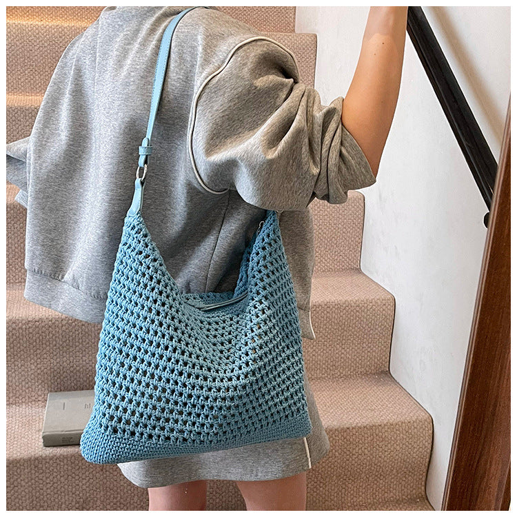 Large Capacity Cotton Thread Woven Underarm Bag Hollow Out Seaside Vacation Beach Travel Shoulder Bag