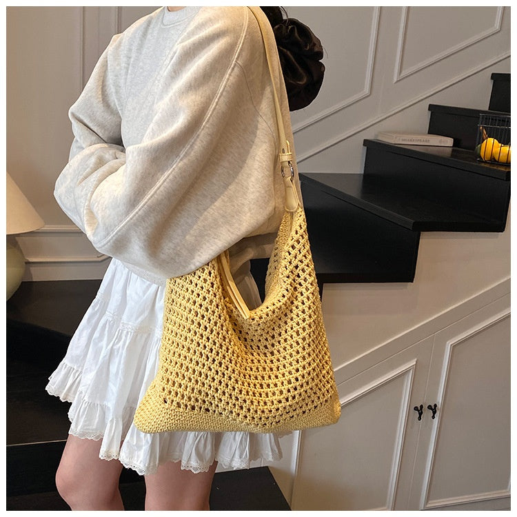 Large Capacity Cotton Thread Woven Underarm Bag Hollow Out Seaside Vacation Beach Travel Shoulder Bag