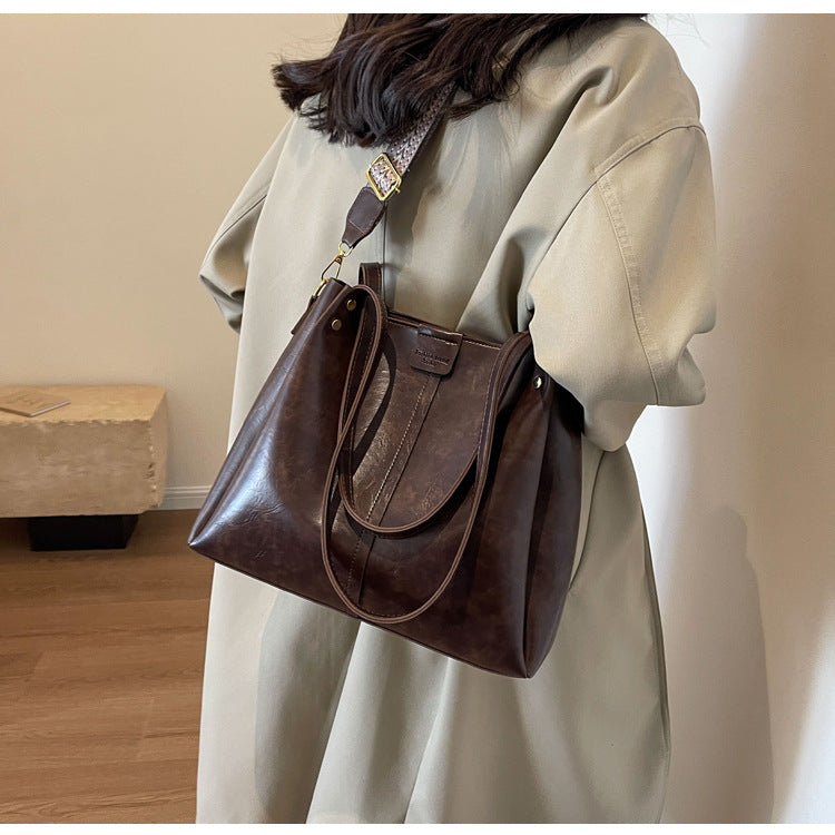 High-Quality Texture Solid Color Crossbody Bag Wide Strap Handbag Trendy Tote Bag