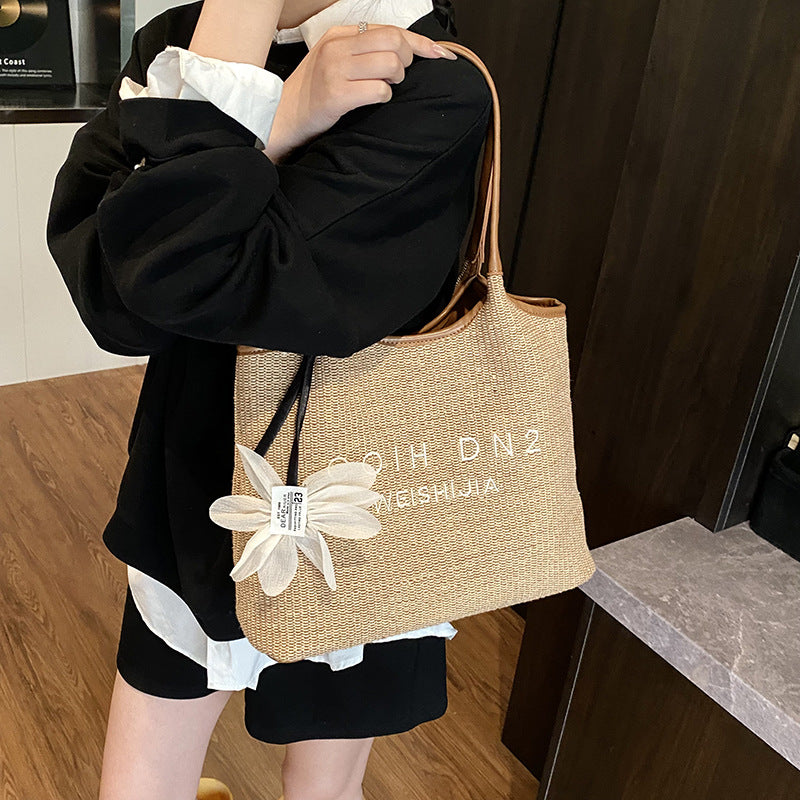 Spliced Large Capacity Straw Tote Bag. Beach Vacation Beach Woven Commuter Shoulder Bag
