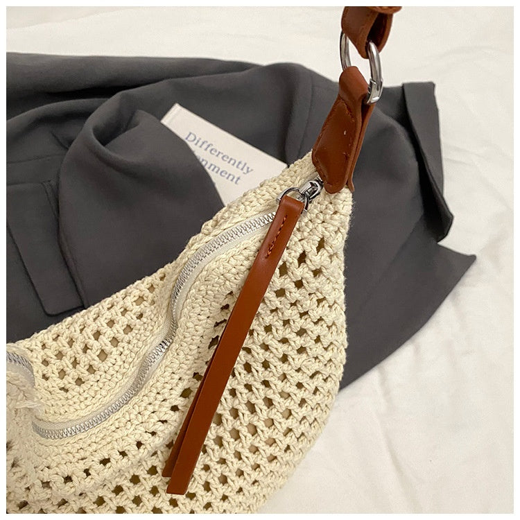 Large Capacity Cotton Thread Woven Underarm Bag Hollow Out Seaside Vacation Beach Travel Shoulder Bag