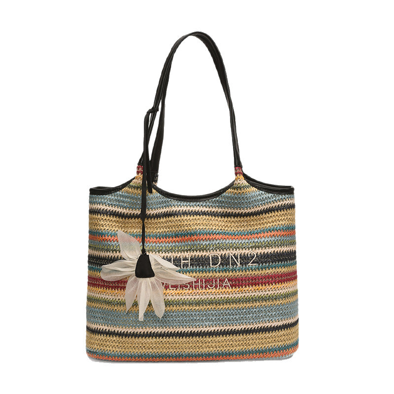 Spliced Large Capacity Straw Tote Bag. Beach Vacation Beach Woven Commuter Shoulder Bag