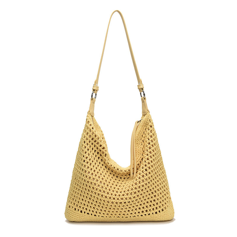 Large Capacity Cotton Thread Woven Underarm Bag Hollow Out Seaside Vacation Beach Travel Shoulder Bag