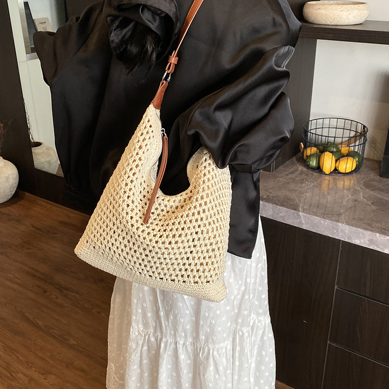 Large Capacity Cotton Thread Woven Underarm Bag Hollow Out Seaside Vacation Beach Travel Shoulder Bag