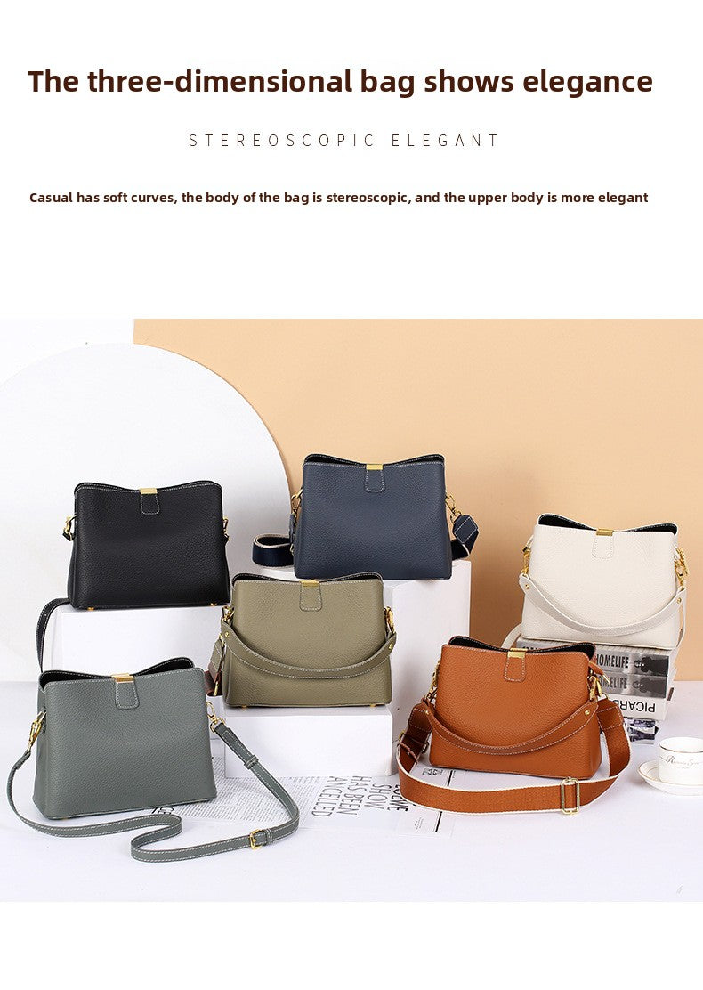 Fashionable Cowhide Leather Women's Large-Capacity Bucket BagVersatile Commuting Genuine Leather Crossbody/Shoulder/Handbag