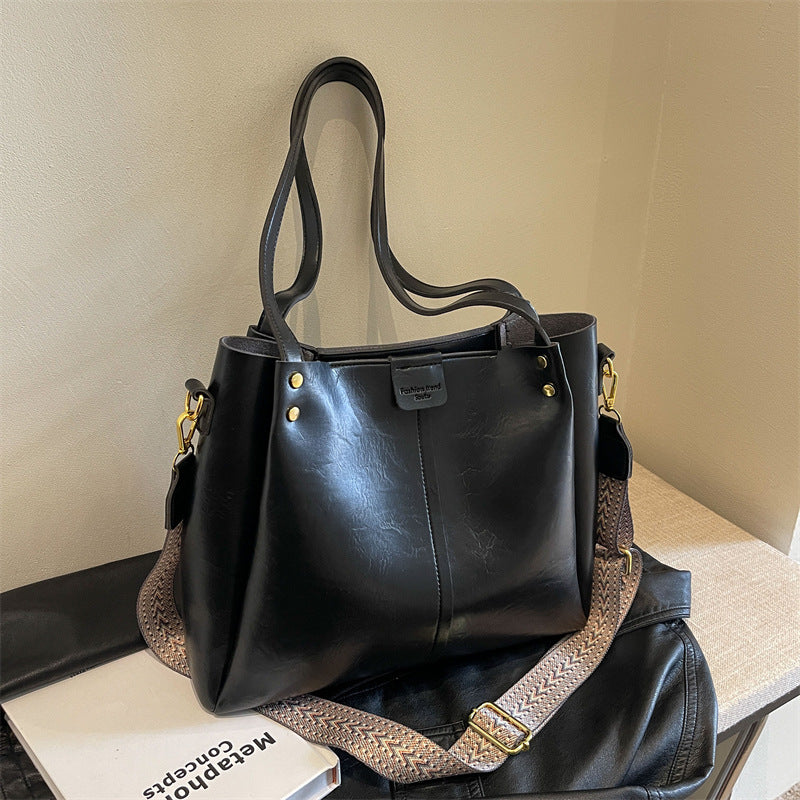 High-Quality Texture Solid Color Crossbody Bag Wide Strap Handbag Trendy Tote Bag