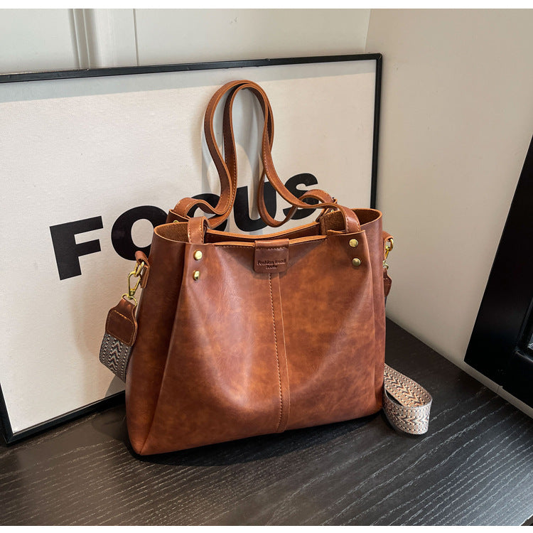 High-Quality Texture Solid Color Crossbody Bag Wide Strap Handbag Trendy Tote Bag