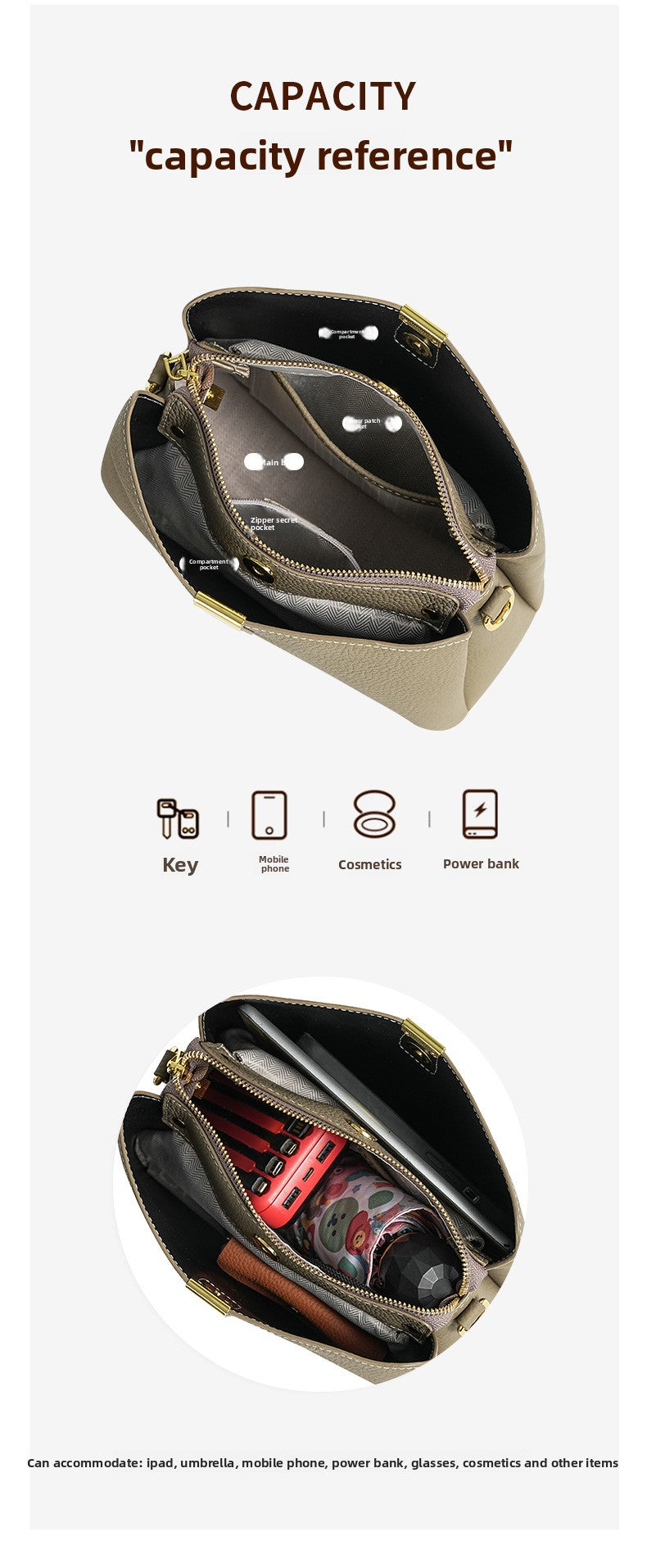 Fashionable Cowhide Leather Women's Large-Capacity Bucket BagVersatile Commuting Genuine Leather Crossbody/Shoulder/Handbag