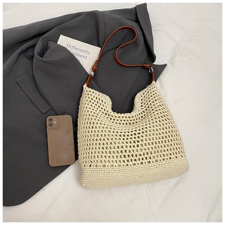 Large Capacity Cotton Thread Woven Underarm Bag Hollow Out Seaside Vacation Beach Travel Shoulder Bag