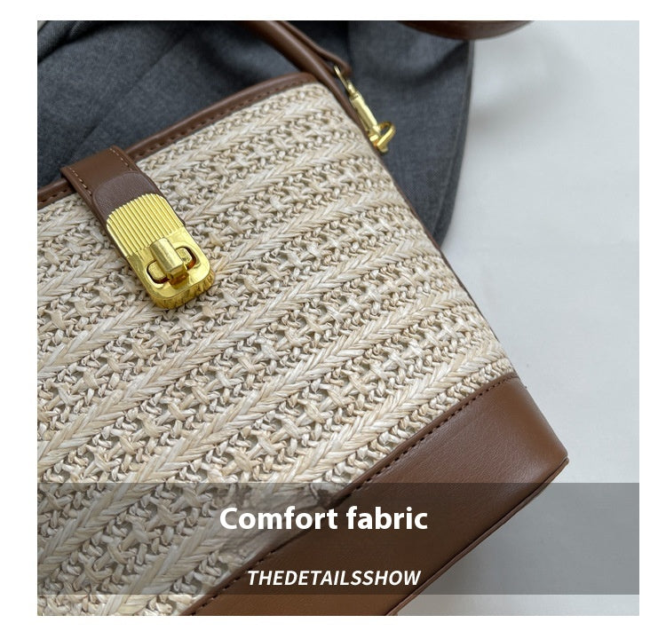 Fashion Handheld Woven Bag. High-Quality Textured Straw Bag, Single Shoulder Crossbody Bag, Casual Bucket Bag
