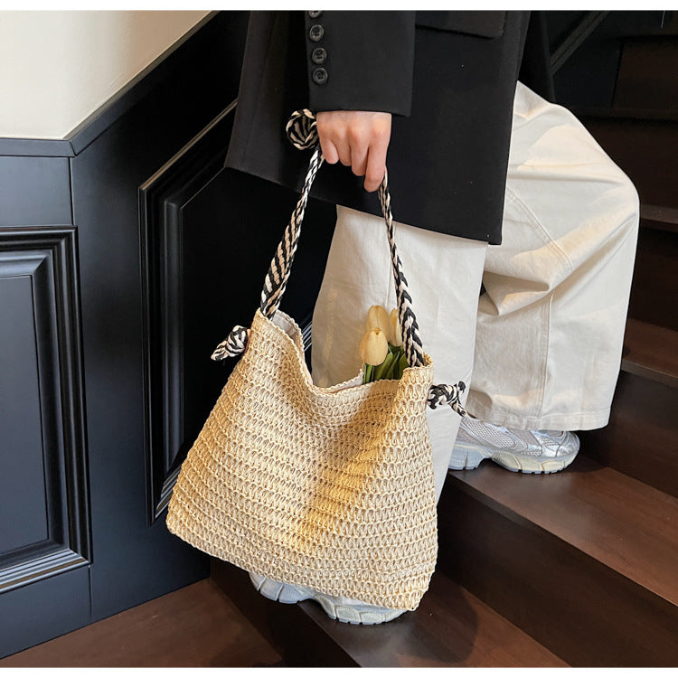 New Trendy Woven Shoulder Tote Bag Beach Vacation Beach Bag