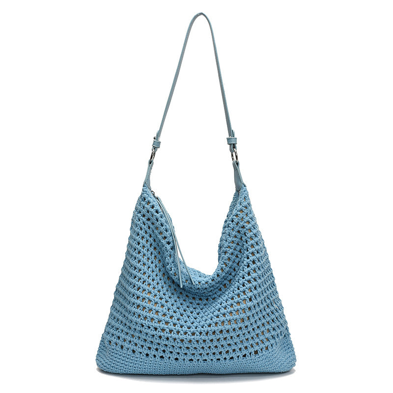 Large Capacity Cotton Thread Woven Underarm Bag Hollow Out Seaside Vacation Beach Travel Shoulder Bag