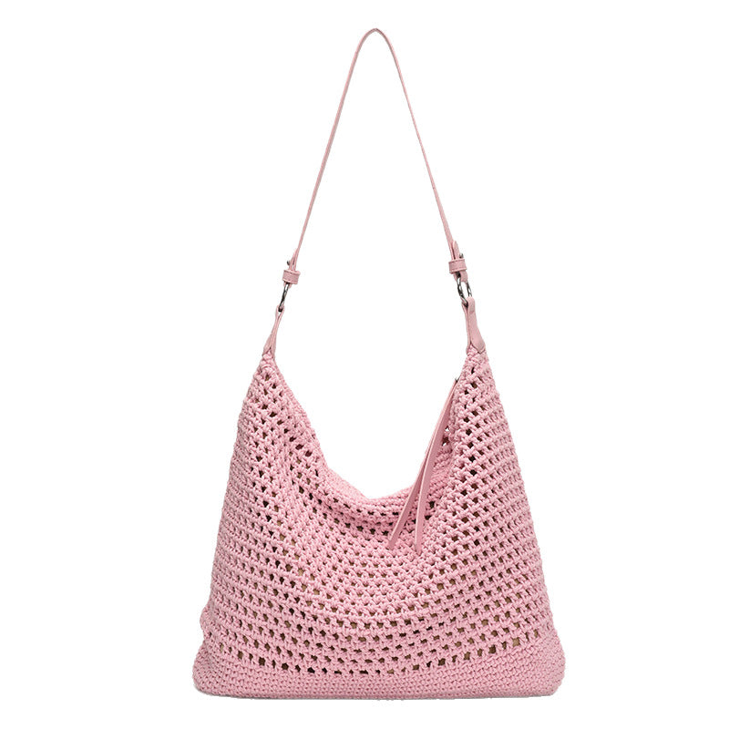 Large Capacity Cotton Thread Woven Underarm Bag Hollow Out Seaside Vacation Beach Travel Shoulder Bag