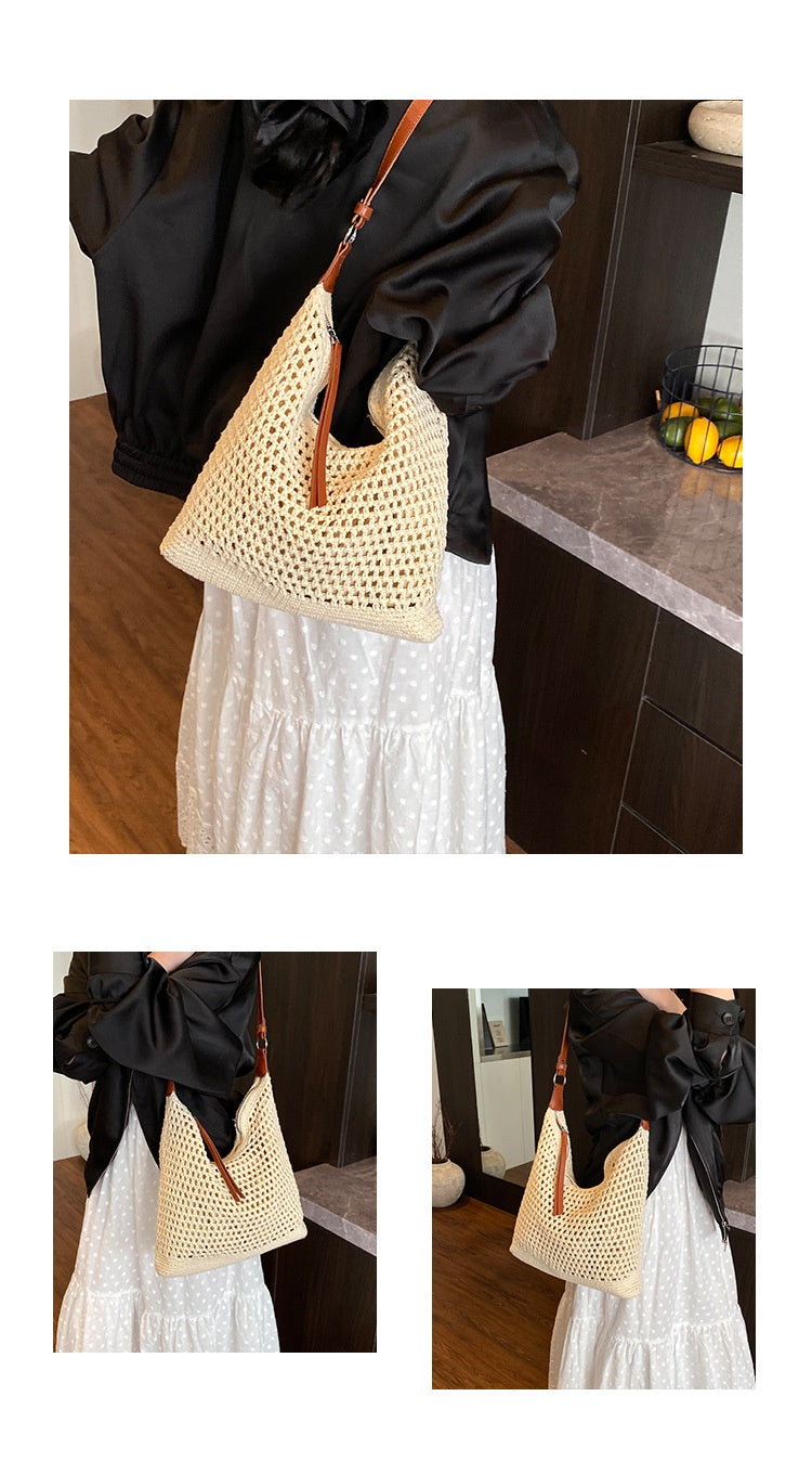 Large Capacity Cotton Thread Woven Underarm Bag Hollow Out Seaside Vacation Beach Travel Shoulder Bag