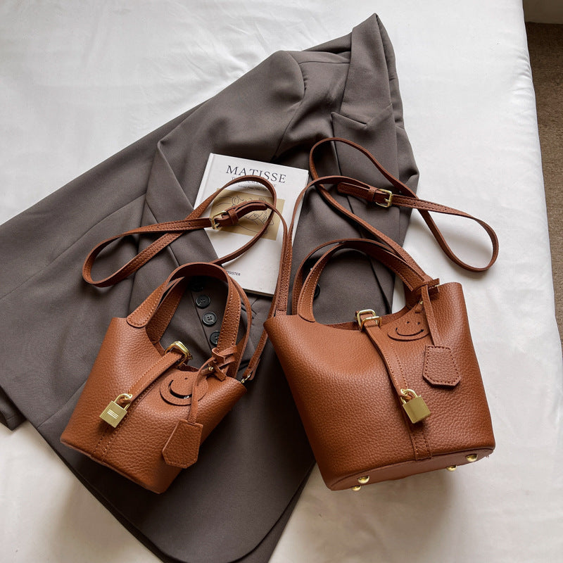 High-end Lychee Pattern Handheld Bucket Bag Fashionable Versatile Shoulder Bag Stylish Casual Crossbody Bag
