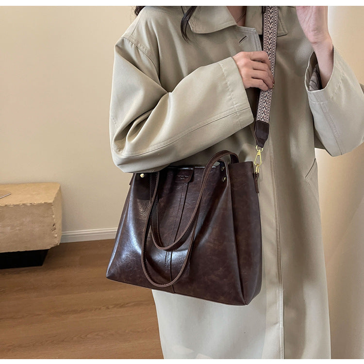 High-Quality Texture Solid Color Crossbody Bag Wide Strap Handbag Trendy Tote Bag