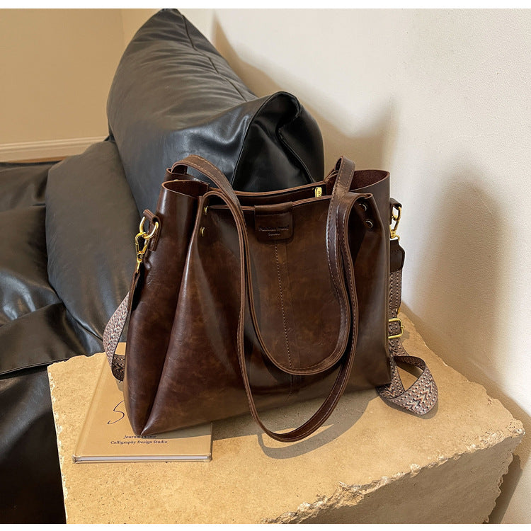 High-Quality Texture Solid Color Crossbody Bag Wide Strap Handbag Trendy Tote Bag