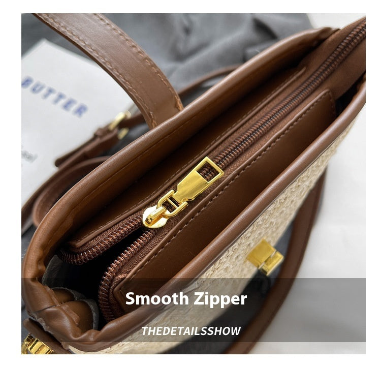 Fashion Handheld Woven Bag. High-Quality Textured Straw Bag, Single Shoulder Crossbody Bag, Casual Bucket Bag