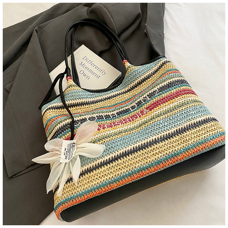Spliced Large Capacity Straw Tote Bag. Beach Vacation Beach Woven Commuter Shoulder Bag