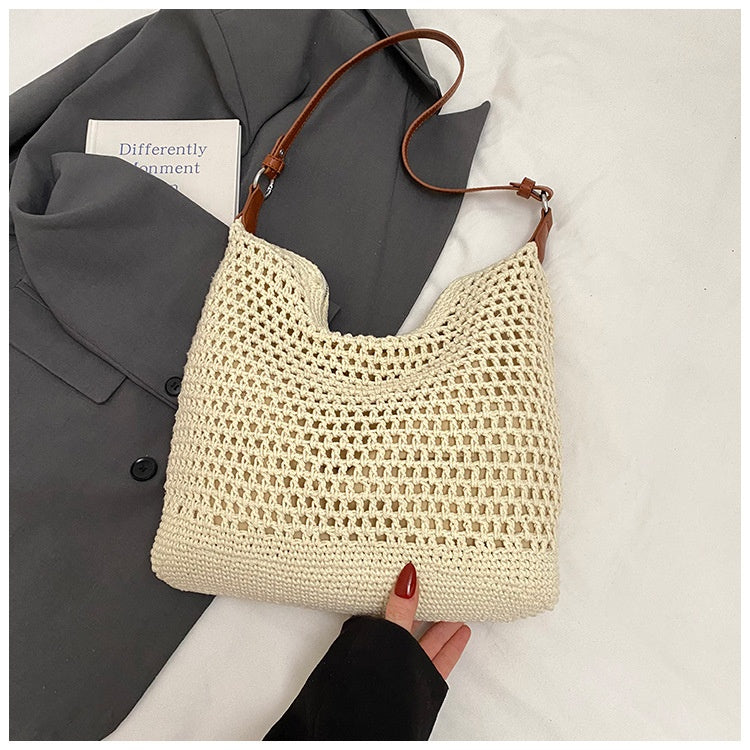 Large Capacity Cotton Thread Woven Underarm Bag Hollow Out Seaside Vacation Beach Travel Shoulder Bag