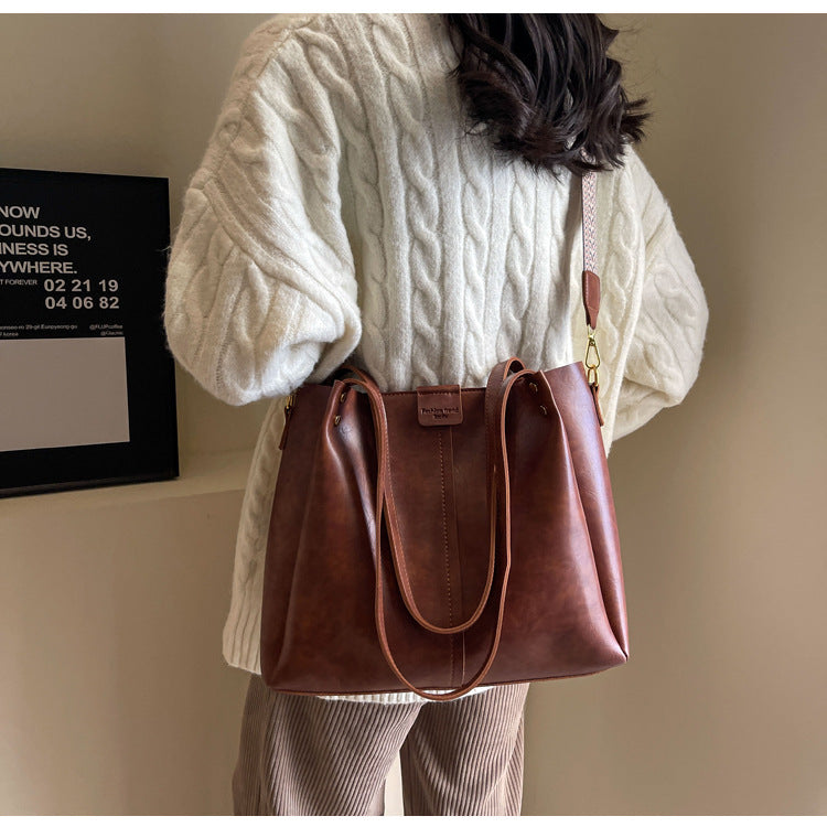 High-Quality Texture Solid Color Crossbody Bag Wide Strap Handbag Trendy Tote Bag