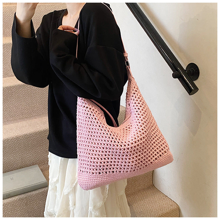Large Capacity Cotton Thread Woven Underarm Bag Hollow Out Seaside Vacation Beach Travel Shoulder Bag