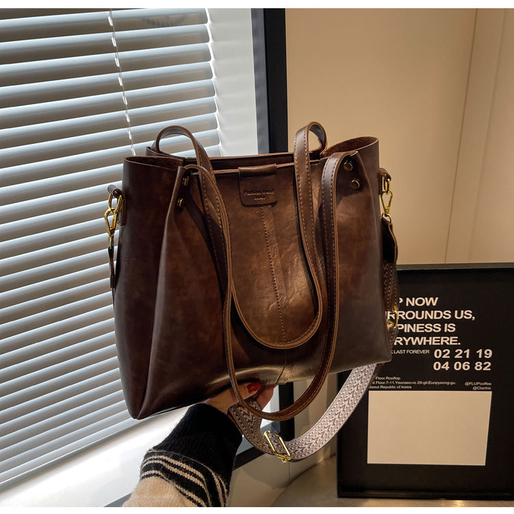 High-Quality Texture Solid Color Crossbody Bag Wide Strap Handbag Trendy Tote Bag