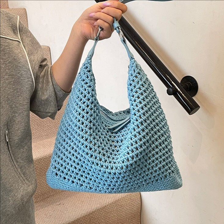 Large Capacity Cotton Thread Woven Underarm Bag Hollow Out Seaside Vacation Beach Travel Shoulder Bag