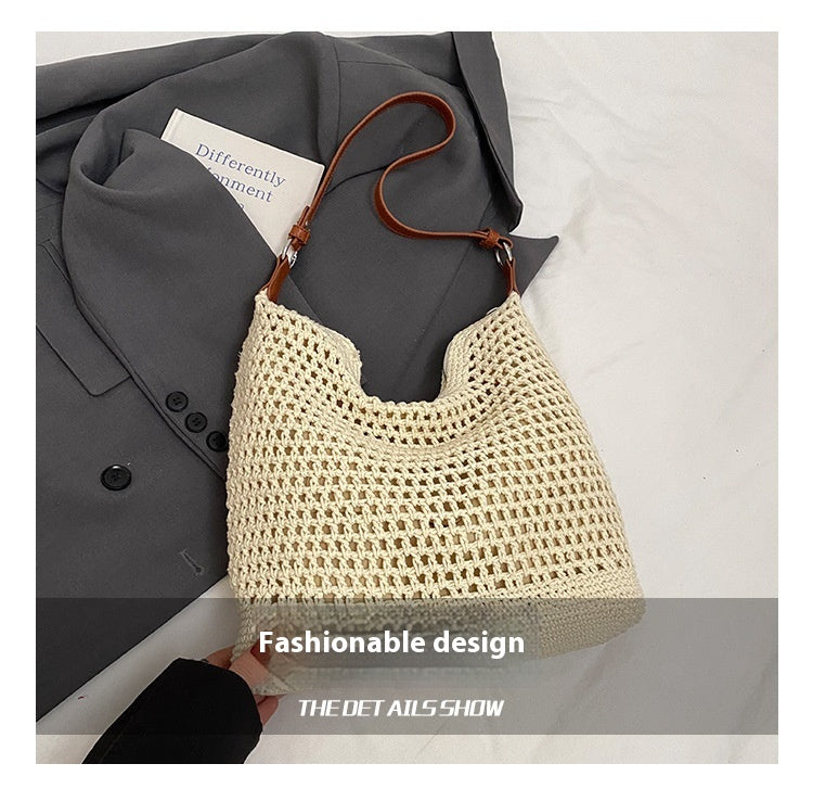 Large Capacity Cotton Thread Woven Underarm Bag Hollow Out Seaside Vacation Beach Travel Shoulder Bag