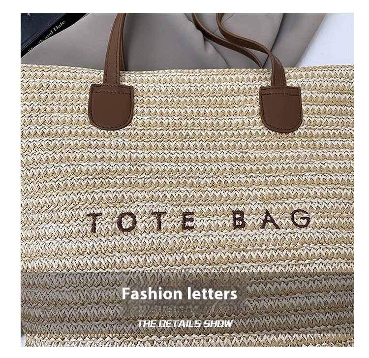 New Trendy Straw Tote Bag Fashion Letter Woven Shoulder Bag Beach Vacation Beach Bag
