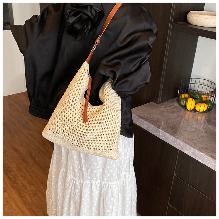 Large Capacity Cotton Thread Woven Underarm Bag Hollow Out Seaside Vacation Beach Travel Shoulder Bag