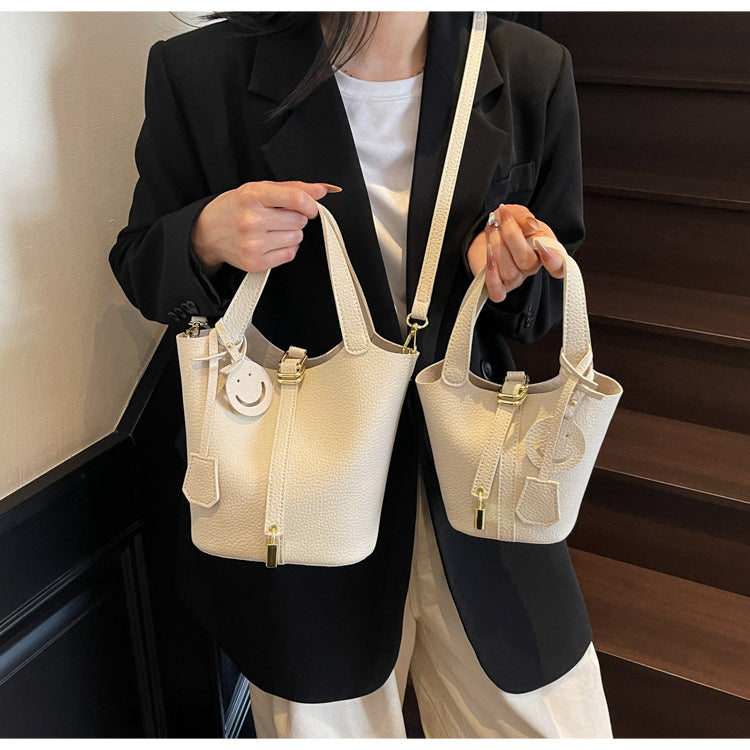 High-end Lychee Pattern Handheld Bucket Bag Fashionable Versatile Shoulder Bag Stylish Casual Crossbody Bag
