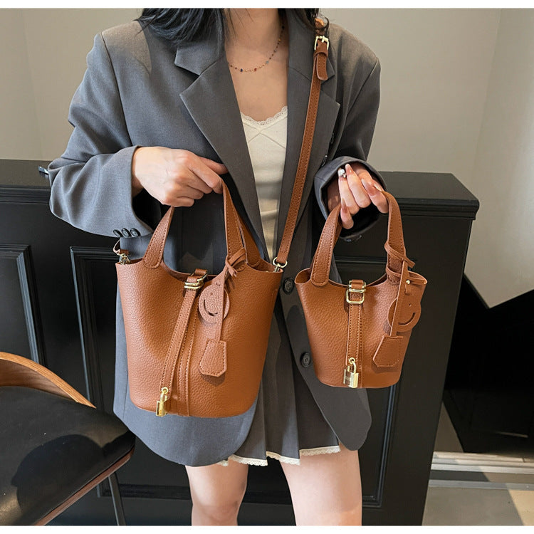 High-end Lychee Pattern Handheld Bucket Bag Fashionable Versatile Shoulder Bag Stylish Casual Crossbody Bag