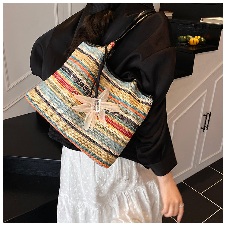 Spliced Large Capacity Straw Tote Bag. Beach Vacation Beach Woven Commuter Shoulder Bag