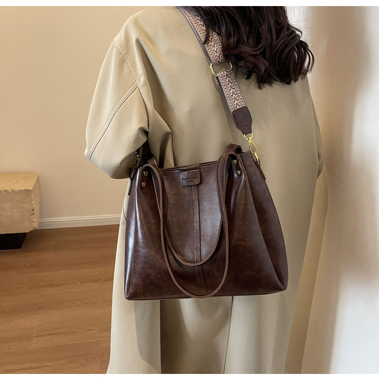 High-Quality Texture Solid Color Crossbody Bag Wide Strap Handbag Trendy Tote Bag