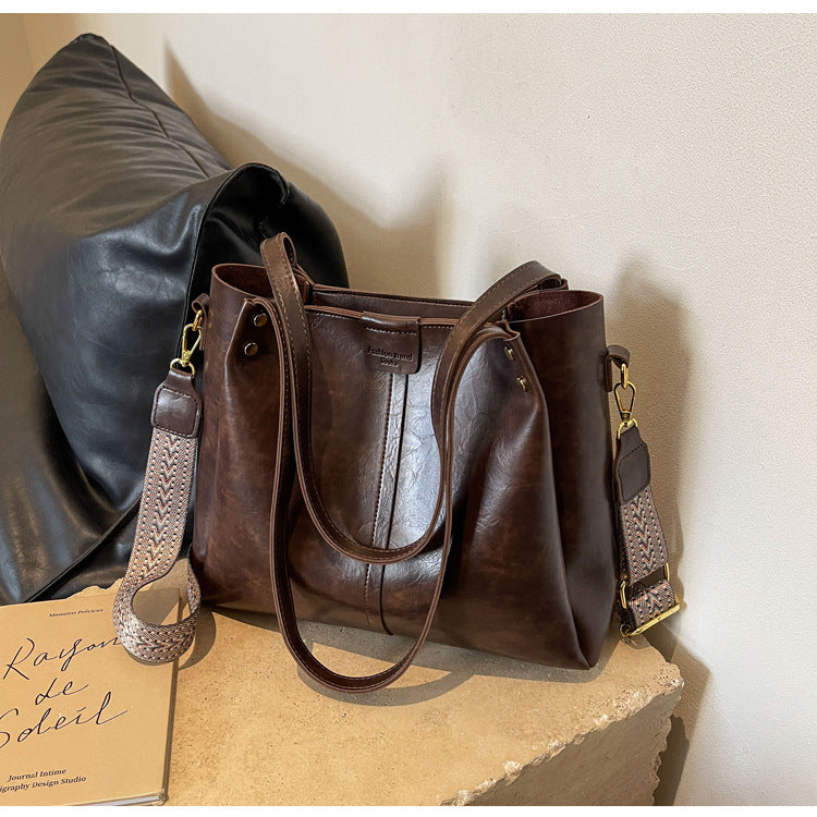 High-Quality Texture Solid Color Crossbody Bag Wide Strap Handbag Trendy Tote Bag