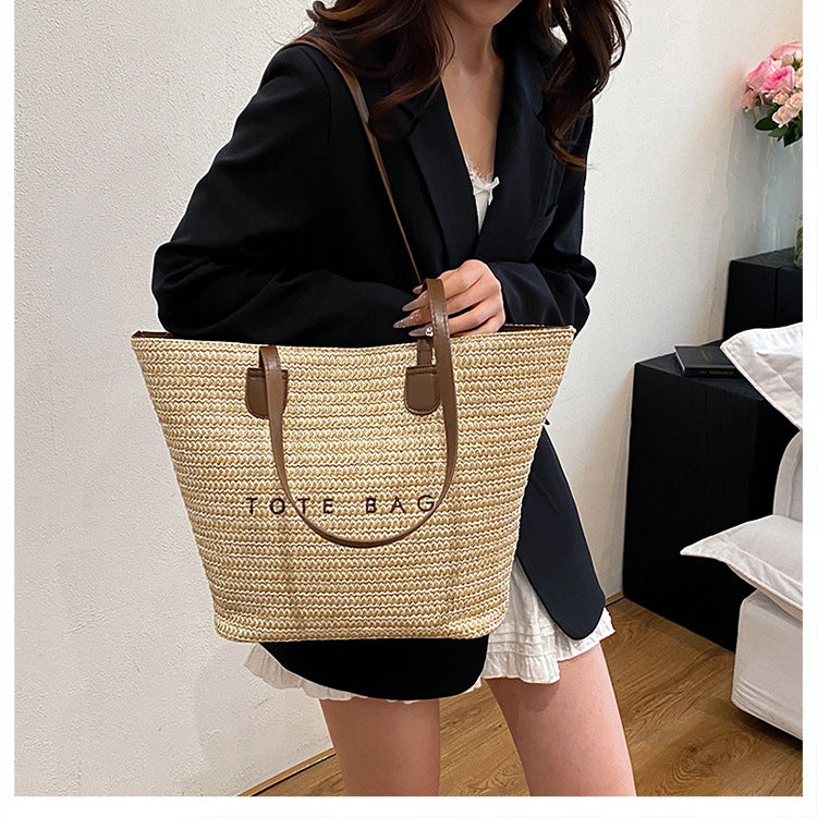 New Trendy Straw Tote Bag Fashion Letter Woven Shoulder Bag Beach Vacation Beach Bag