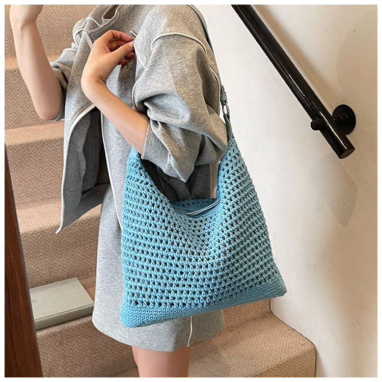 Large Capacity Cotton Thread Woven Underarm Bag Hollow Out Seaside Vacation Beach Travel Shoulder Bag