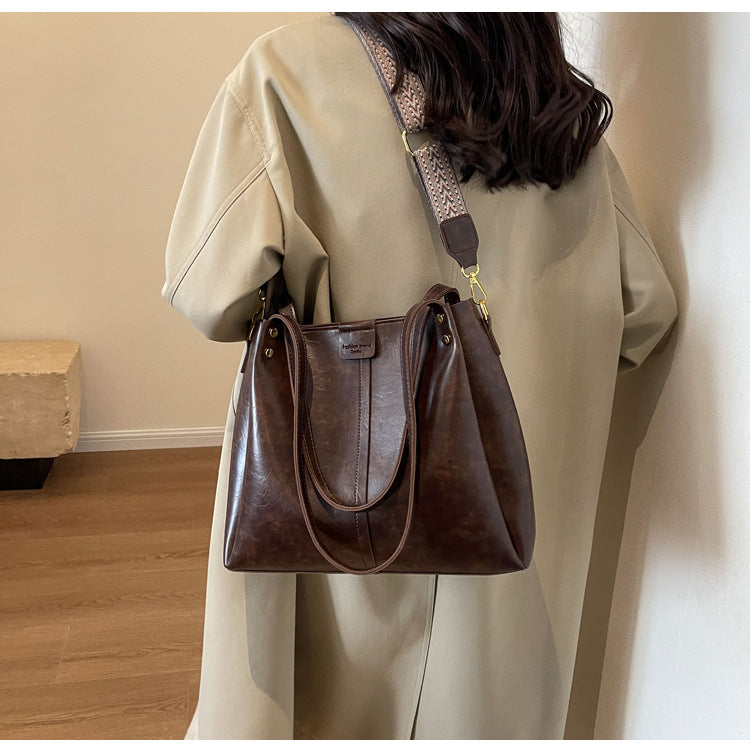 High-Quality Texture Solid Color Crossbody Bag Wide Strap Handbag Trendy Tote Bag