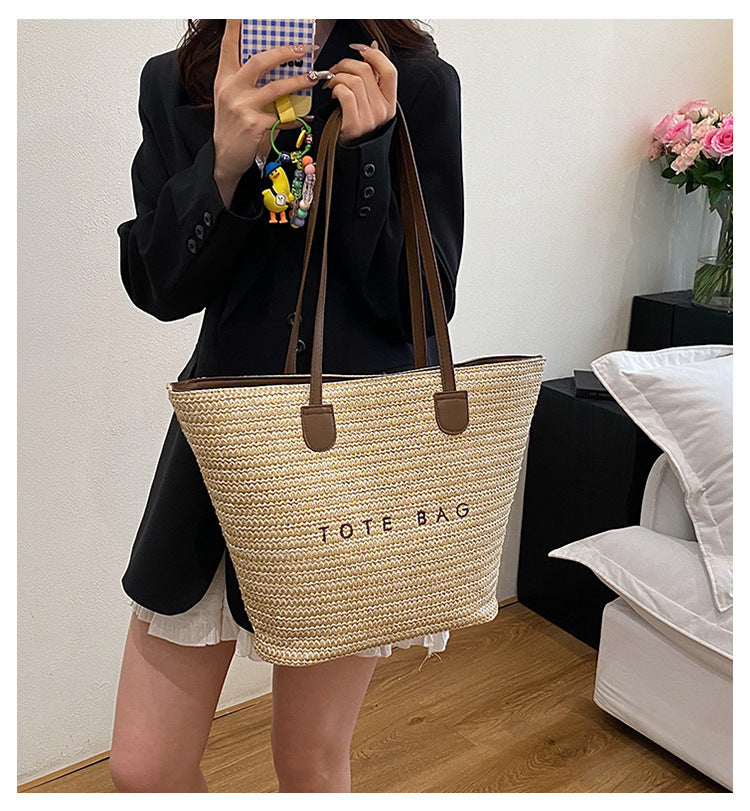 New Trendy Straw Tote Bag Fashion Letter Woven Shoulder Bag Beach Vacation Beach Bag